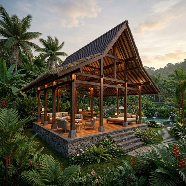 Open-air pavilion concept for hospitality in the Gili Islands