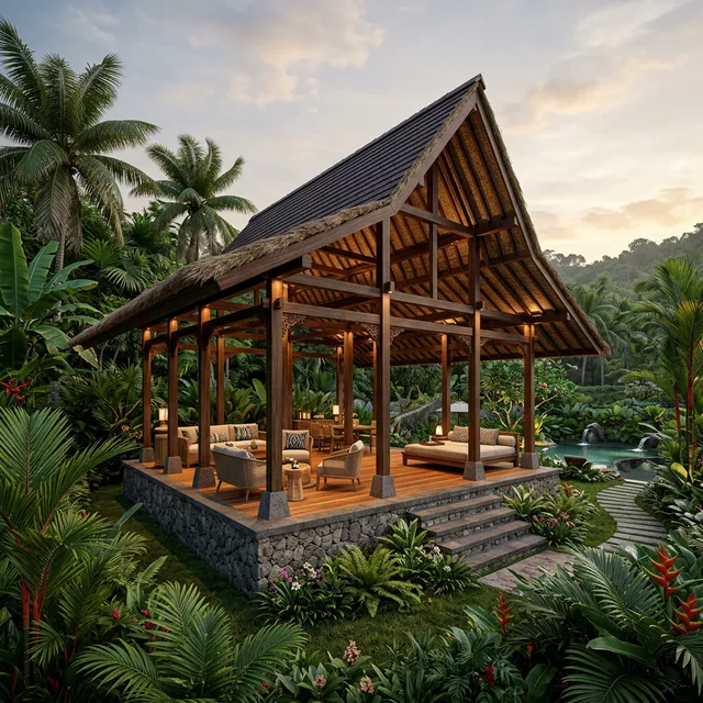 Open-air pavilion concept for hospitality in the Gili Islands