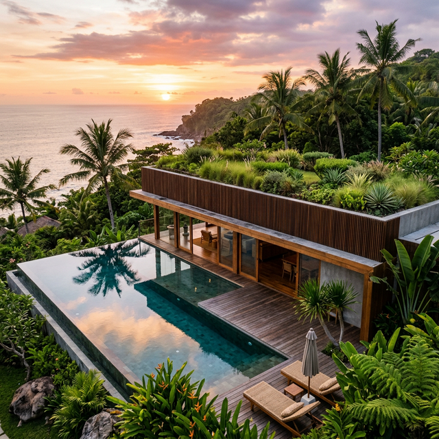 Minimalist resort villa concept with green roof in Kuta Lombok